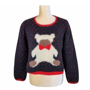 Vintage Teddy Bear Polka Dot Hearts Wool Knit Cropped Sweater